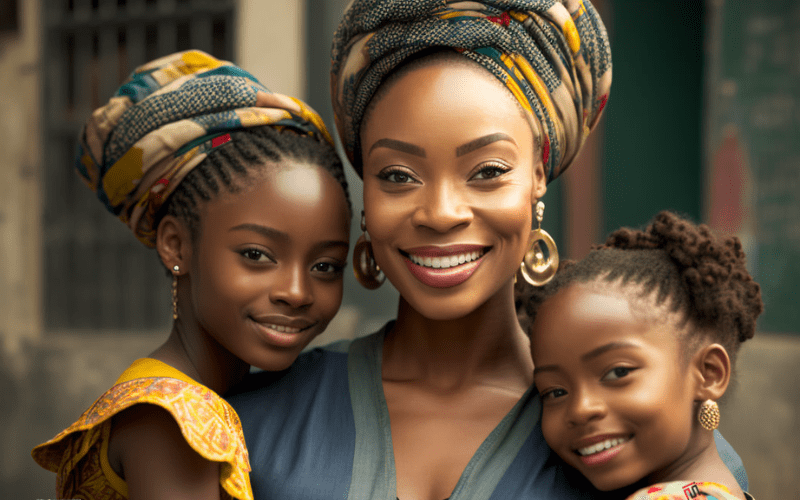 A woman with two children, representing diverse skin tones, reflecting on the intersection of colorism and AI in society.