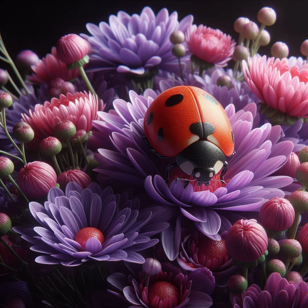 A vibrant purple bouquet of flowers adorned with delicate ladybug