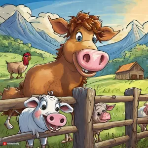 firefly cartoon caricature farm animals cow horse sheep rooster pig looking over a fence whimsical