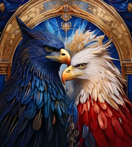 Two majestic eagles with feathers resembling intricate architectural elements, standing face to face in a regal setting.